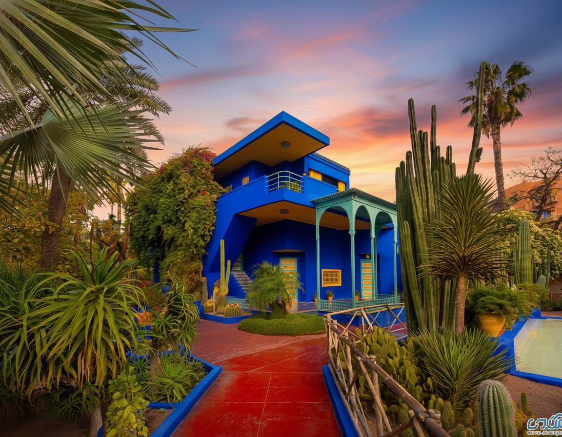Villa blu del Giardino Majorelle al tramonto con palme e cactus