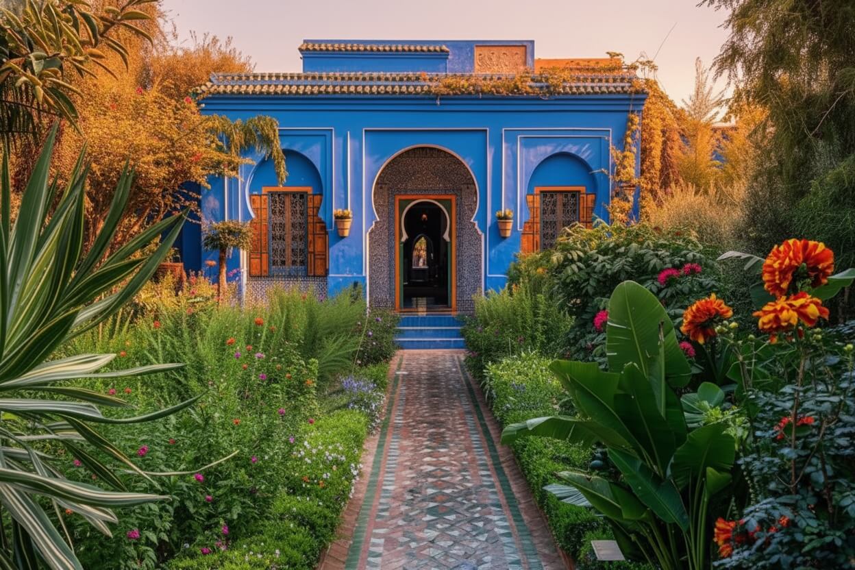 Vista aerea del Giardino Majorelle con cactus, palmeto e villa blu cobalto