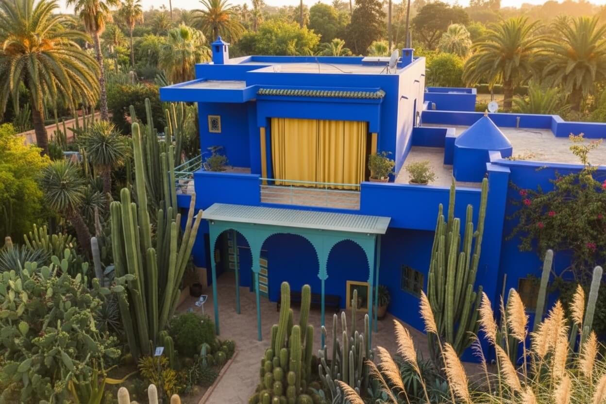 Padiglioni con tetti verdi e laghetto del Giardino Majorelle al tramonto con visitatori