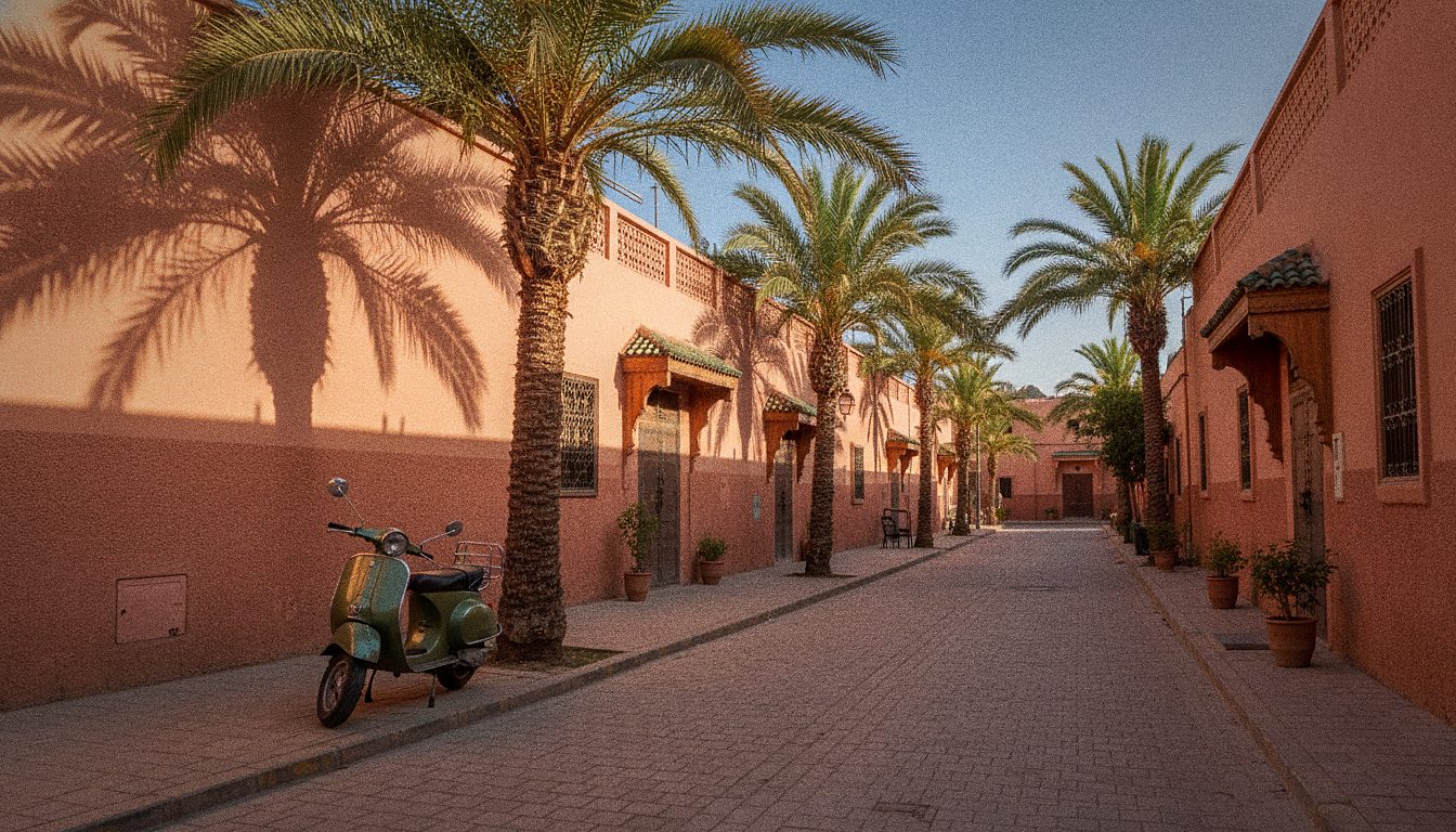 Strada del quartiere Gu&eacute;liz a Marrakech con edifici ocra e palme